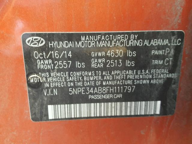 5NPE34AB8FH111797 - 2015 HYUNDAI SONATA SPO ORANGE photo 10