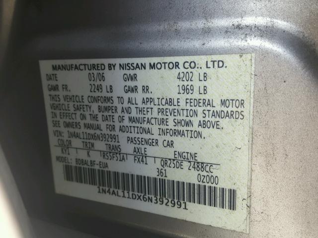 1N4AL11DX6N392991 - 2006 NISSAN ALTIMA S SILVER photo 10