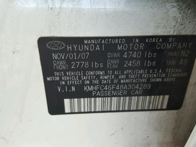 KMHFC46F48A304289 - 2008 HYUNDAI AZERA SE WHITE photo 10