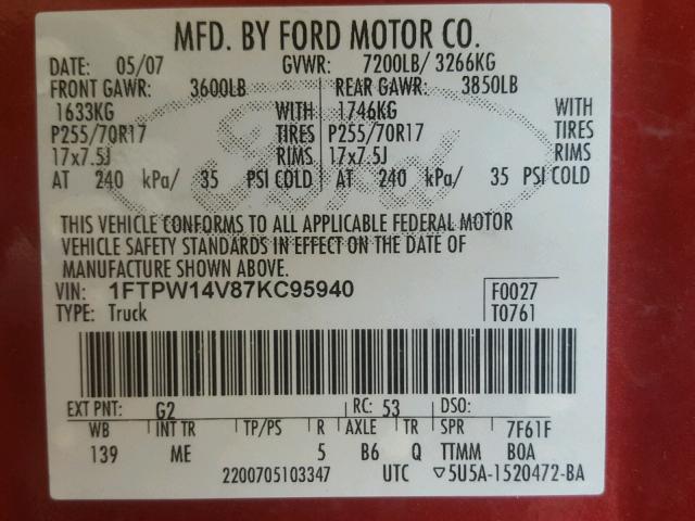 1FTPW14V87KC95940 - 2007 FORD F150 SUPER RED photo 10