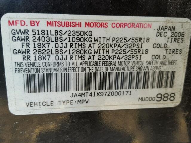 JA4MT41X97Z000171 - 2007 MITSUBISHI OUTLANDER BLACK photo 10