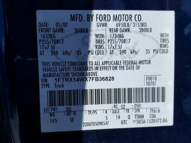 1FTRX14WX7FB36828 - 2007 FORD F150 BLUE photo 10