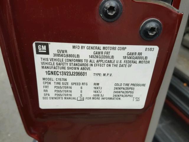 1GNEC13V23J206601 - 2003 CHEVROLET TAHOE C150 MAROON photo 10