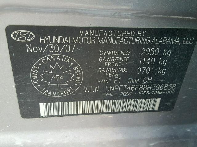 5NPET46F88H396838 - 2008 HYUNDAI SONATA GLS GRAY photo 10