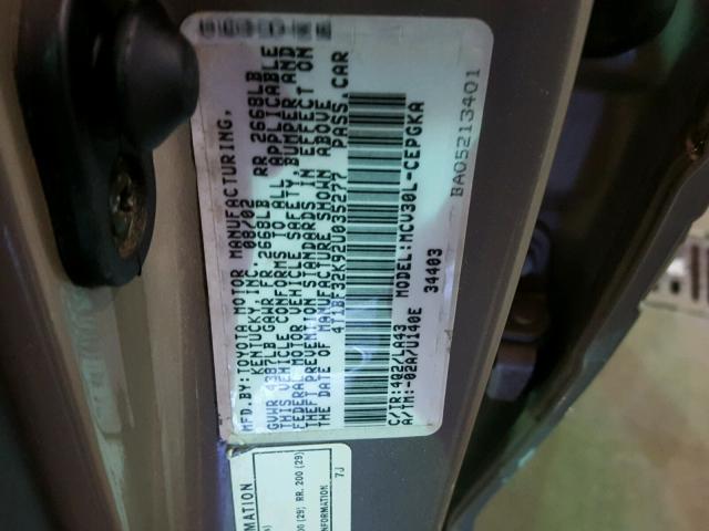 4T1BF32K92U035277 - 2002 TOYOTA CAMRY LE TAN photo 10