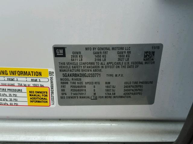 5GAKRBKD8GJ233771 - 2016 BUICK ENCLAVE თეთრი ფოტო 10