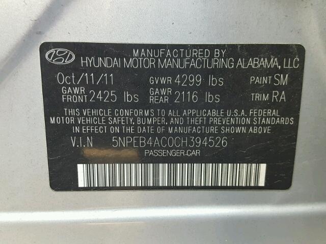 5NPEB4AC0CH394526 - 2012 HYUNDAI SONATA GLS SILVER photo 10