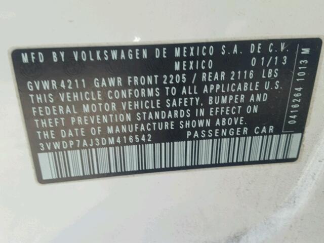 3VWDP7AJ3DM416542 - 2013 VOLKSWAGEN JETTA SE 白色 照片 10