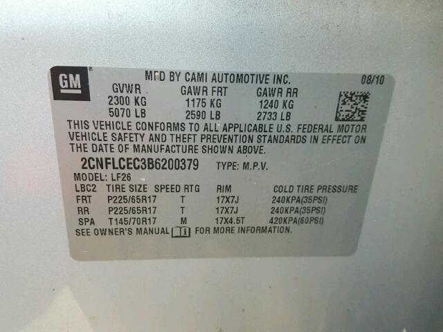 2CNFLCEC3B6200379 - 2011 CHEVROLET EQUINOX LS SILVER photo 10