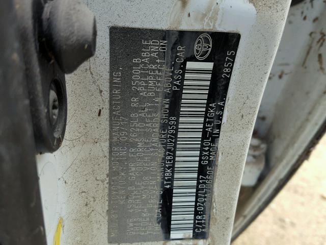 4T1BK1EB7JU279598 - 2018 TOYOTA AVALON XLE WHITE photo 10