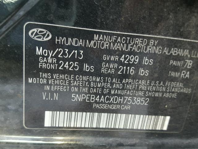 5NPEB4ACXDH753852 - 2013 HYUNDAI SONATA GLS BLACK photo 10