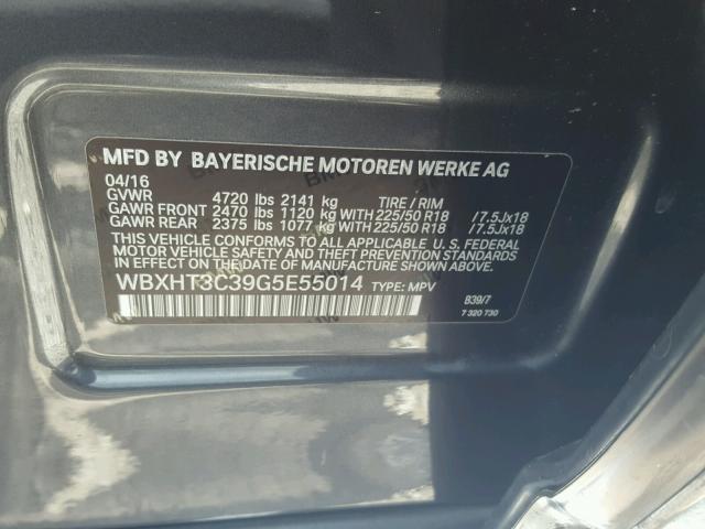 WBXHT3C39G5E55014 - 2016 BMW X1 XDRIVE2 GRAY photo 10