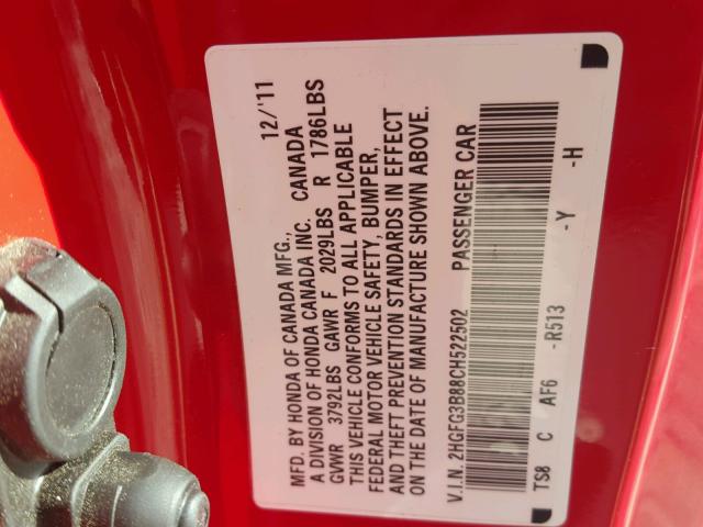 2HGFG3B88CH522502 - 2012 HONDA CIVIC EX 红色 照片 10