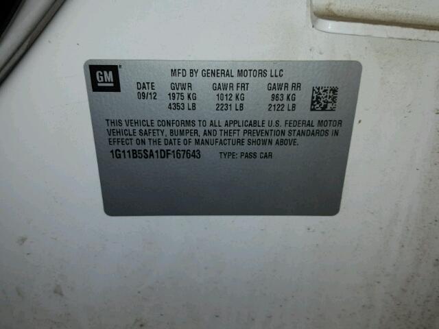 1G11B5SA1DF167643 - 2013 CHEVROLET MALIBU LS თეთრი ფოტო 10