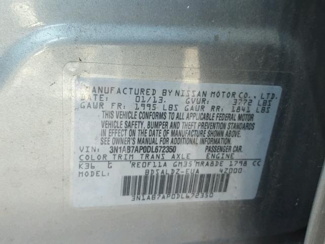 3N1AB7AP0DL672350 - 2013 NISSAN SENTRA S GRAY photo 10