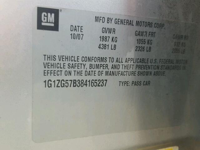 1G1ZG57B384165237 - 2008 CHEVROLET MALIBU LS SILVER photo 10