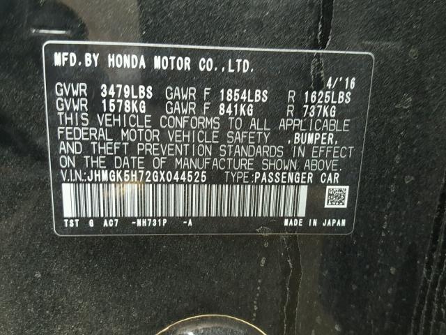 JHMGK5H72GX044525 - 2016 HONDA FIT EX BLACK photo 10