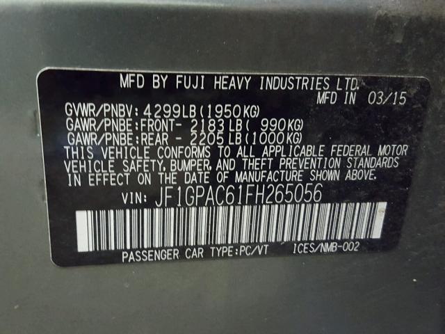 JF1GPAC61FH265056 - 2015 SUBARU IMPREZA PR GRAY photo 10