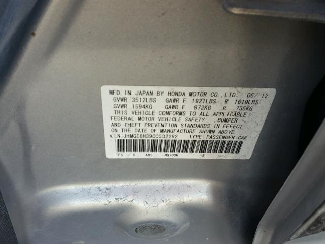 JHMGE8H39CC032282 - 2012 HONDA FIT SILVER photo 10