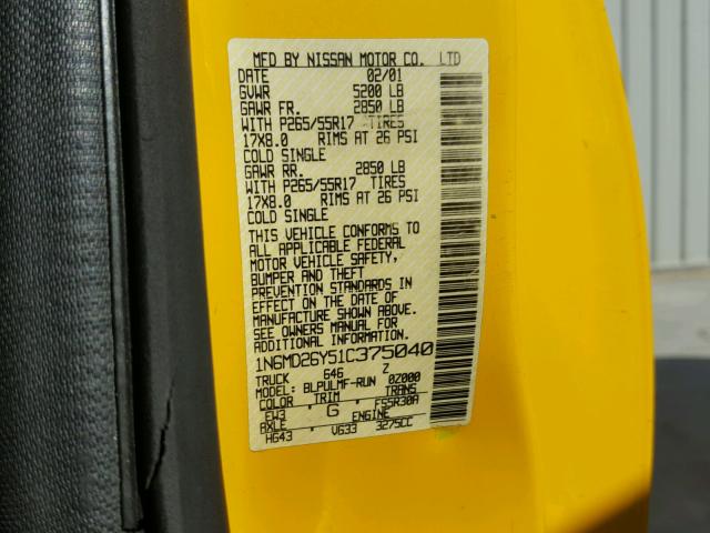 1N6MD26Y51C375040 - 2001 NISSAN FRONTIER K YELLOW photo 10