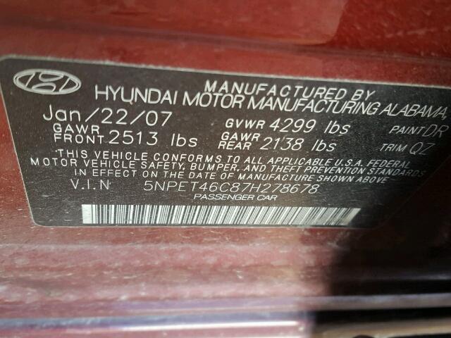 5NPET46C87H278678 - 2007 HYUNDAI SONATA GLS BURGUNDY photo 10