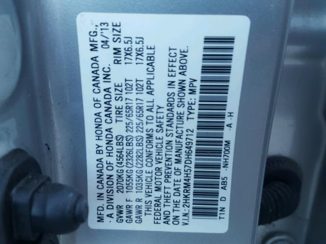 2HKRM4H57DH649712 - 2013 HONDA CR-V EX ვერცხლისფერი ფოტო 10