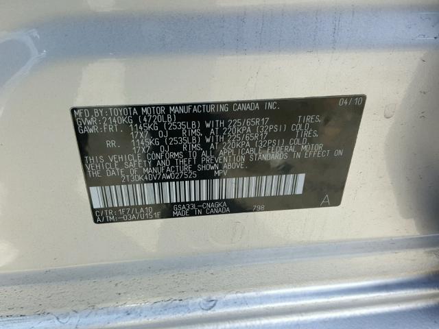 2T3DK4DV7AW027525 - 2010 TOYOTA RAV4 LIMIT SILVER photo 10