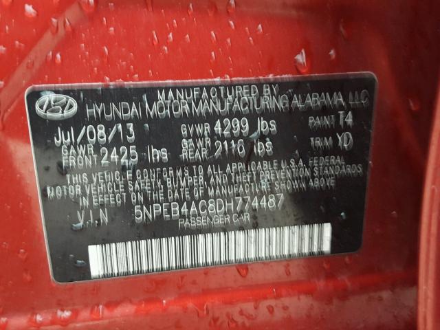 5NPEB4AC8DH774487 - 2013 HYUNDAI SONATA GLS BURGUNDY photo 10