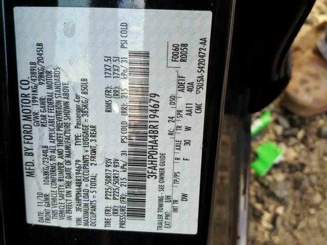 3FAHP0HA4BR194679 - 2011 FORD FUSION SE BLACK photo 10