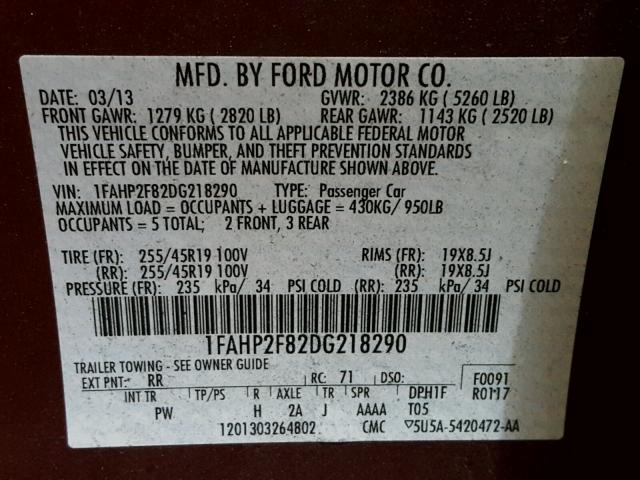 1FAHP2F82DG218290 - 2013 FORD TAURUS LIM BURGUNDY photo 10