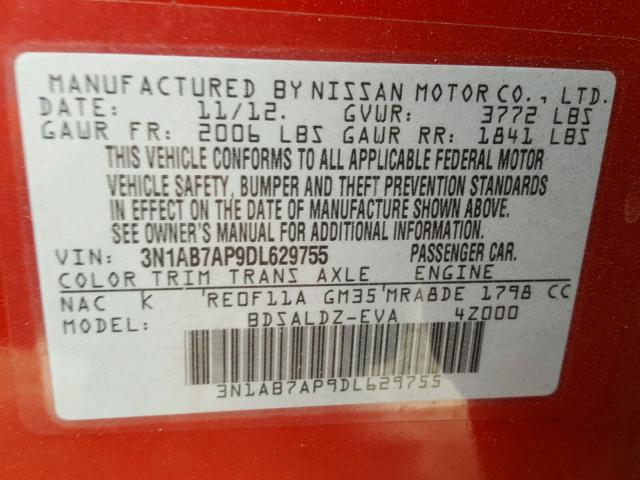 3N1AB7AP9DL629755 - 2013 NISSAN SENTRA S RED photo 10