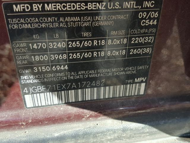 4JGBF71EX7A172482 - 2007 MERCEDES-BENZ GL 450 4MA MAROON photo 10