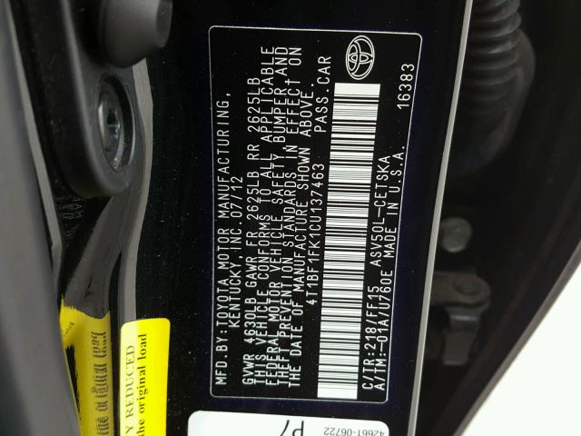 4T1BF1FK1CU137463 - 2012 TOYOTA CAMRY BASE BLACK photo 10