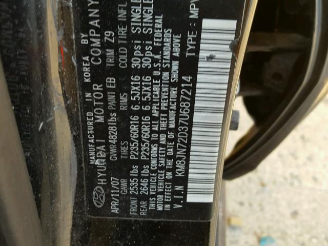 KM8JN72D37U687214 - 2007 HYUNDAI TUCSON SE BLACK photo 10