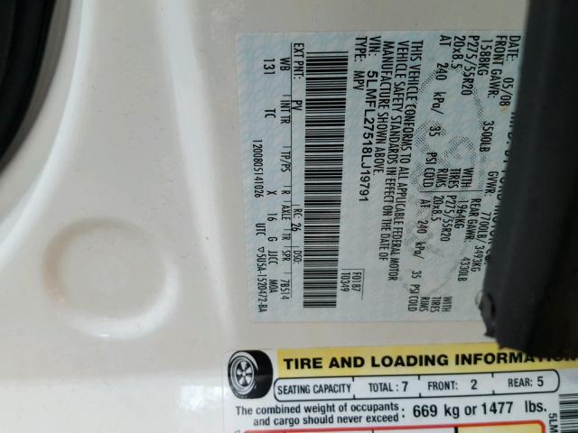 5LMFL27518LJ19791 - 2008 LINCOLN NAVIGATOR Ақ фото 10