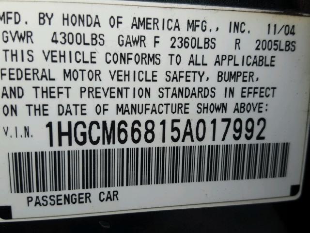 1HGCM66815A017992 - 2005 HONDA ACCORD EX GREEN photo 10