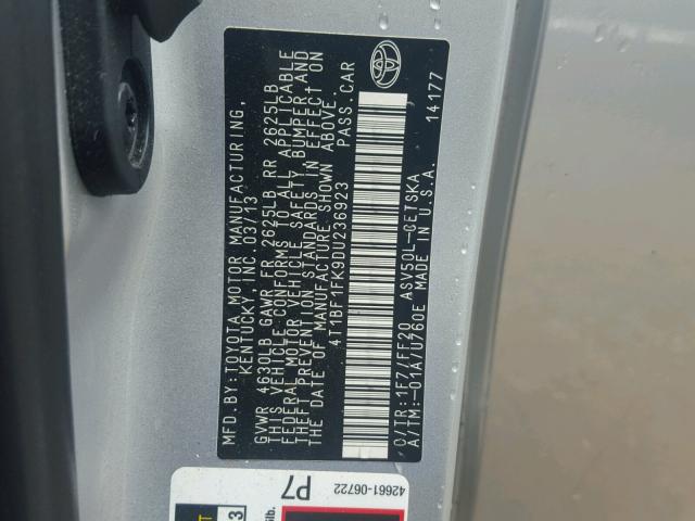 4T1BF1FK9DU236923 - 2013 TOYOTA CAMRY L SILVER photo 10