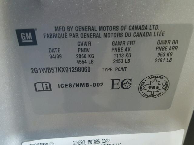 2G1WB57KX91298060 - 2009 CHEVROLET IMPALA LS SILVER photo 10