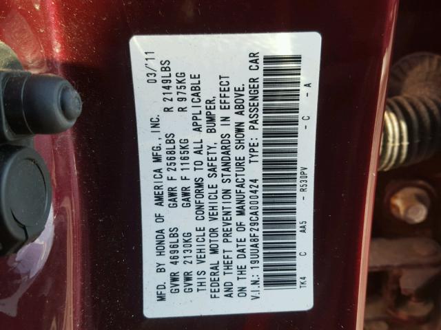 19UUA8F29CA000424 - 2012 ACURA TL MAROON photo 10