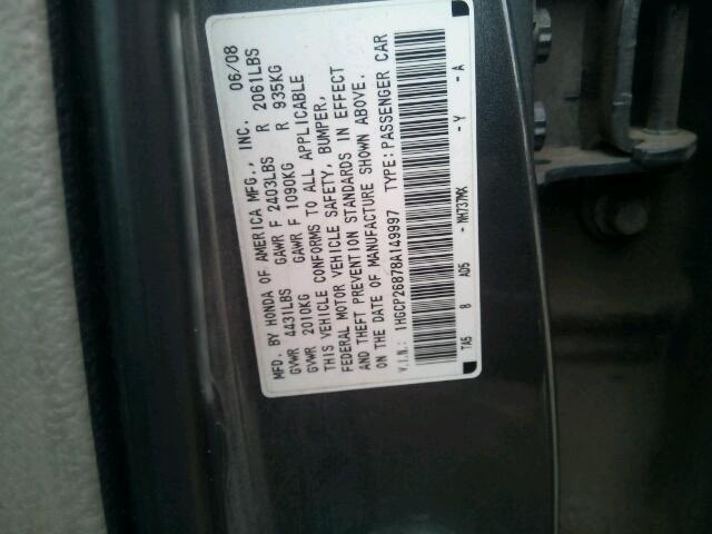 1HGCP26878A149997 - 2008 HONDA ACCORD EXL SILVER photo 10