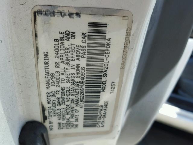 4T1BG22K6YU940916 - 2000 TOYOTA CAMRY CE WHITE photo 10