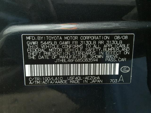 JTHBL46F685083594 - 2008 LEXUS LS 460 GRAY photo 10