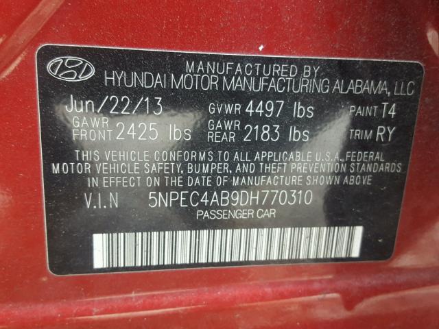 5NPEC4AB9DH770310 - 2013 HYUNDAI SONATA SE RED photo 10