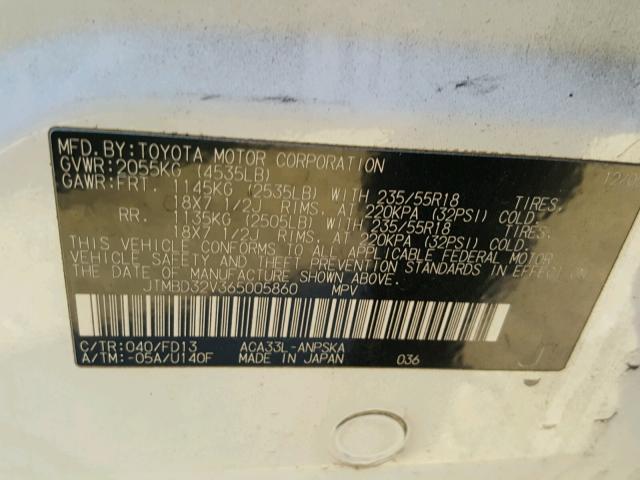 JTMBD32V365005860 - 2006 TOYOTA RAV4 SPORT WHITE photo 10