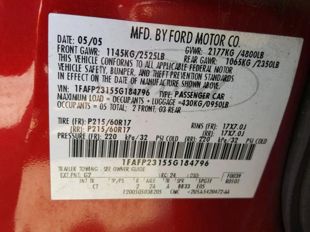 1FAFP23155G184796 - 2005 FORD FIVE HUNDR RED photo 10