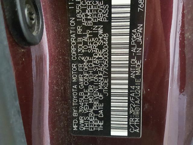 JTKDE177050030448 - 2005 TOYOTA SCION TC 勃艮第红 照片 10