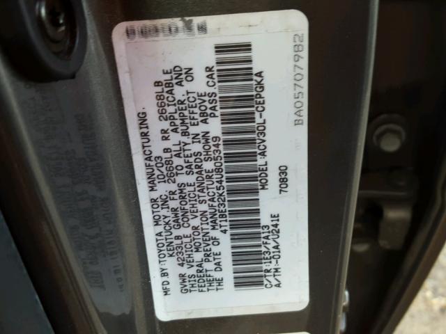 4T1BE32K54U805349 - 2004 TOYOTA CAMRY LE GRAY photo 10