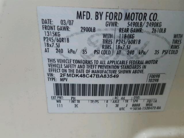 2FMDK48C47BA83549 - 2007 FORD EDGE SEL WHITE photo 10