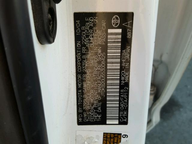 JTDKB20U553008425 - 2005 TOYOTA PRIUS WHITE photo 10