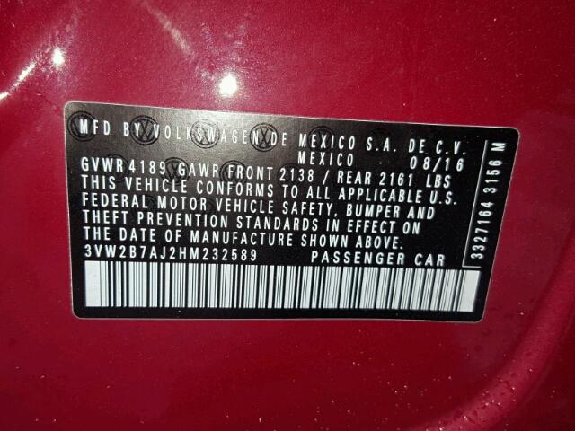 3VW2B7AJ2HM232589 - 2017 VOLKSWAGEN JETTA S Bordo foto 10